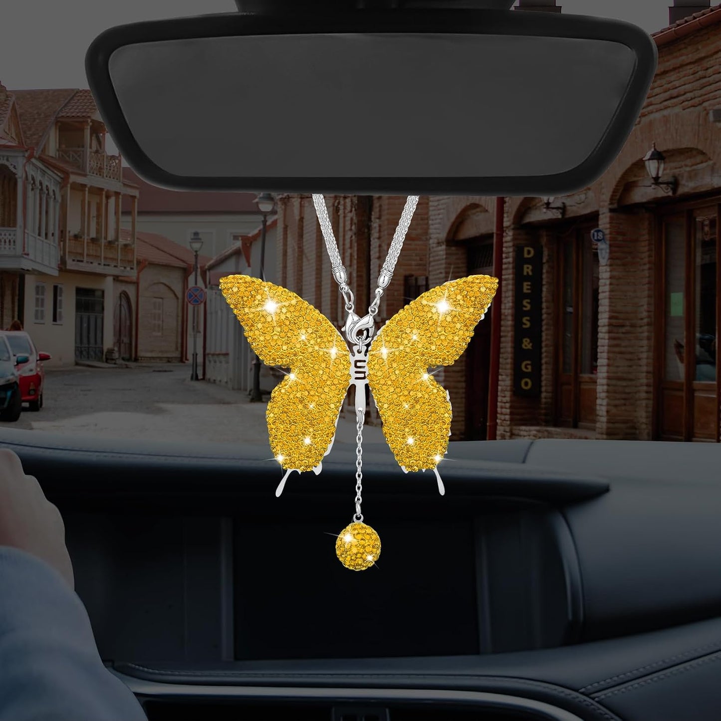 Bling Butterfly Diamond Car Accessories, Car Mirror Hanging Accessories, Crystal Rhinestone Vehicle Rear View Mirror Charms, Lucky Diamond Auto Hanging Ornament Pendant for Cars (Yellow)