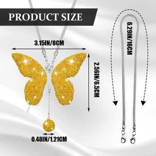 Bling Butterfly Diamond Car Accessories, Car Mirror Hanging Accessories, Crystal Rhinestone Vehicle Rear View Mirror Charms, Lucky Diamond Auto Hanging Ornament Pendant for Cars (Yellow)