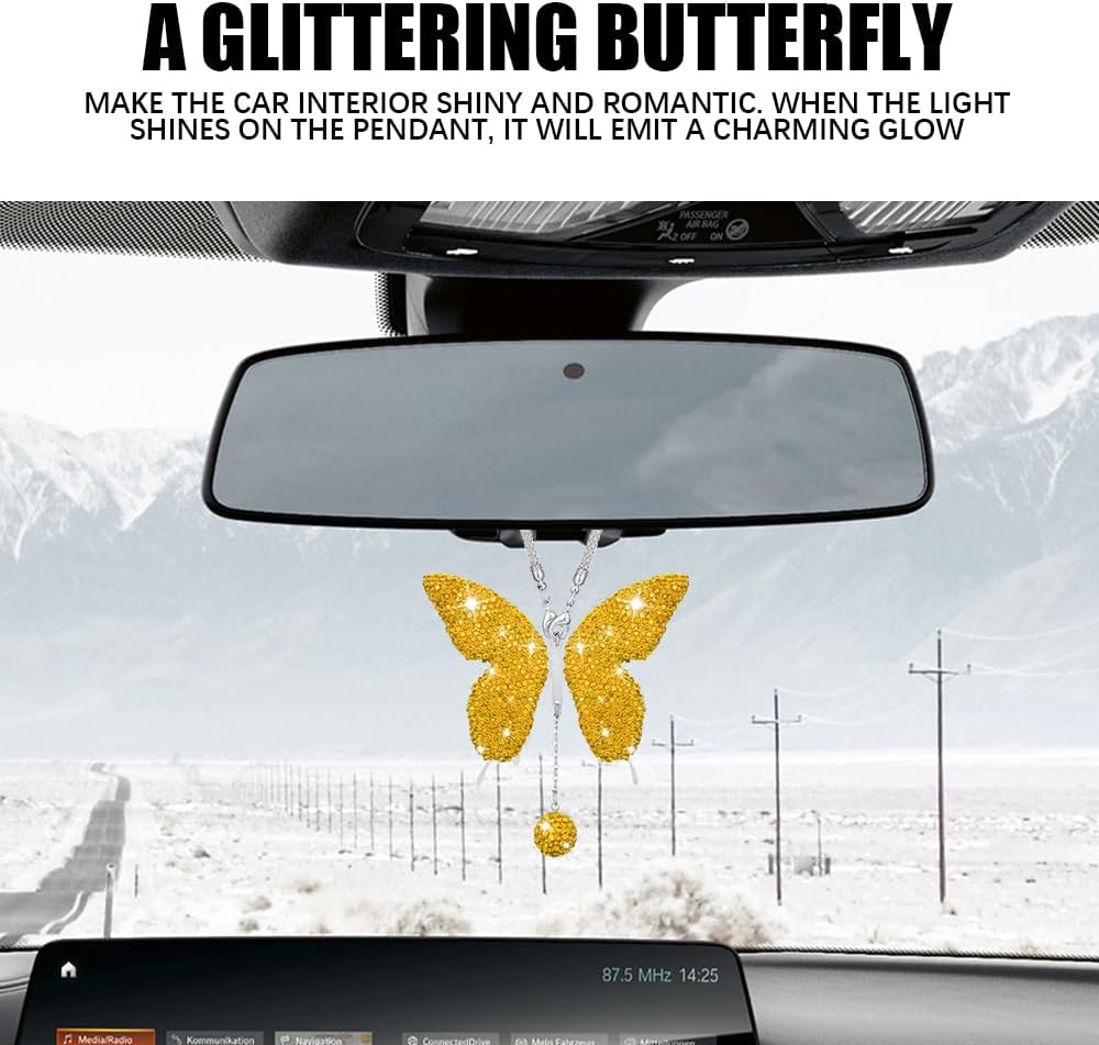 Bling Butterfly Diamond Car Accessories, Car Mirror Hanging Accessories, Crystal Rhinestone Vehicle Rear View Mirror Charms, Lucky Diamond Auto Hanging Ornament Pendant for Cars (Yellow)