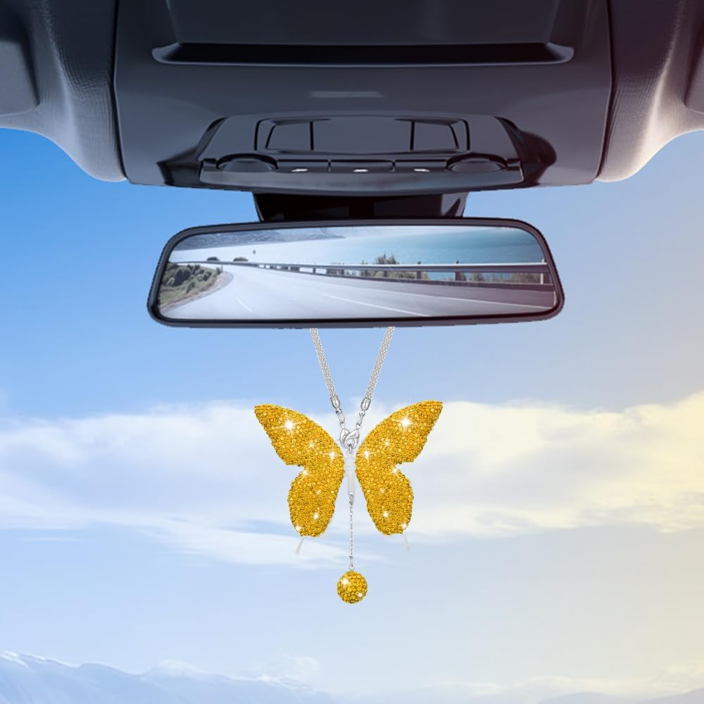 Bling Butterfly Diamond Car Accessories, Car Mirror Hanging Accessories, Crystal Rhinestone Vehicle Rear View Mirror Charms, Lucky Diamond Auto Hanging Ornament Pendant for Cars (Yellow)