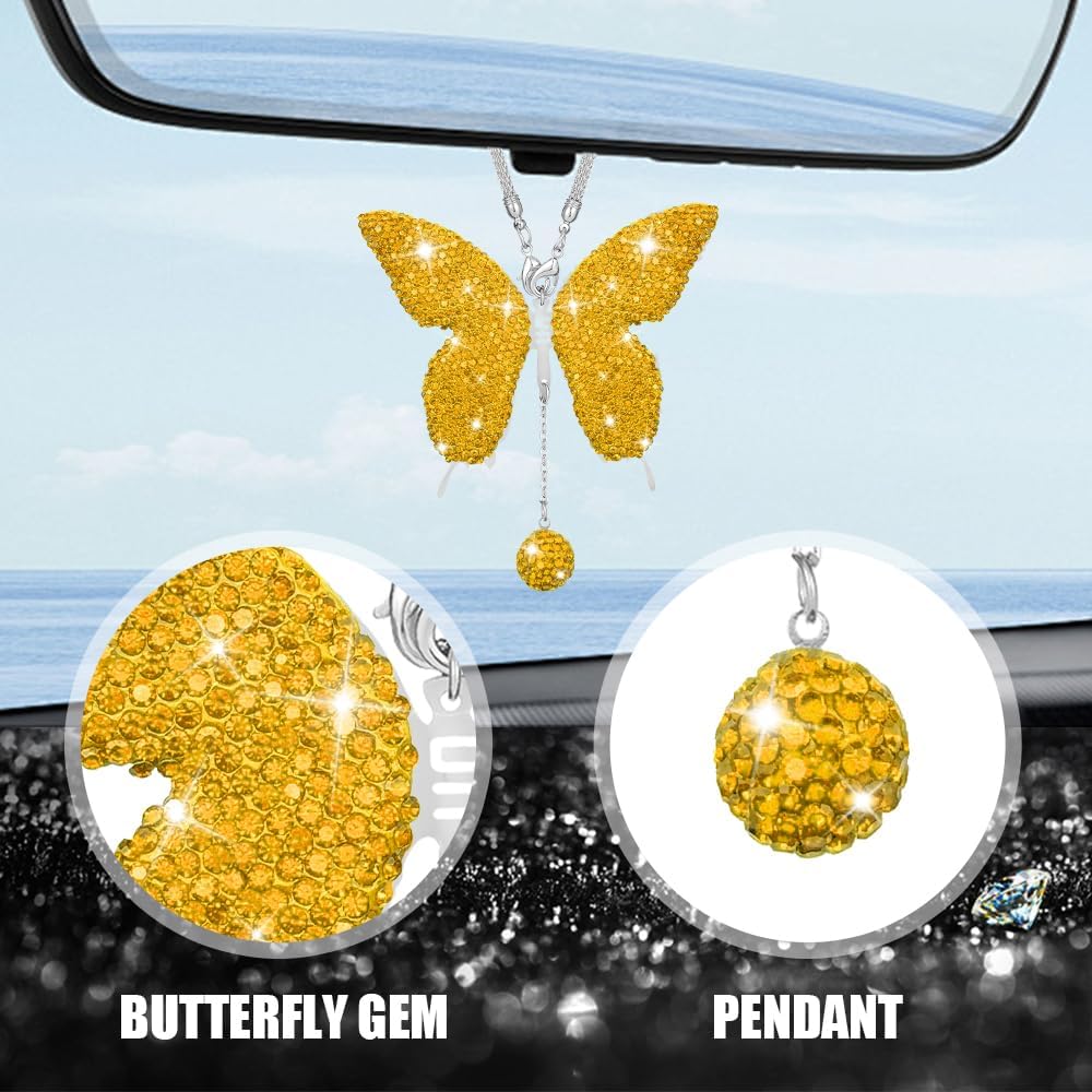 Bling Butterfly Diamond Car Accessories, Car Mirror Hanging Accessories, Crystal Rhinestone Vehicle Rear View Mirror Charms, Lucky Diamond Auto Hanging Ornament Pendant for Cars (Yellow)