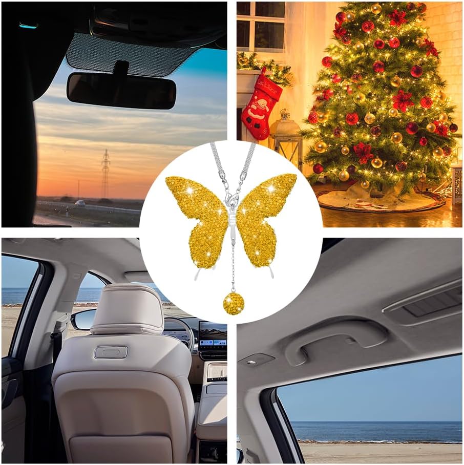 Bling Butterfly Diamond Car Accessories, Car Mirror Hanging Accessories, Crystal Rhinestone Vehicle Rear View Mirror Charms, Lucky Diamond Auto Hanging Ornament Pendant for Cars (Yellow)