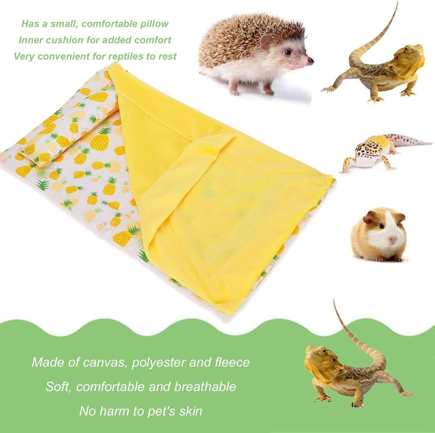 Reptile Sleeping Bag Soft Warm Bearded Dragon Bed Bearded Pet Bed with Pillow for Leopard Gecko Small Pet(Yellow)