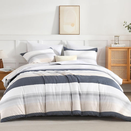 Queen Comforter Set Yellow Blue - 7 Pieces Blue Striped Lightweight Bed in a Bag, Soft Reversible Bedding Set with Comforter, Fitted & Flat Sheet, Pillowcases & Shams