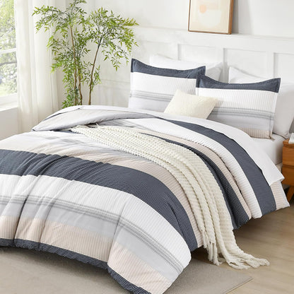 Queen Comforter Set Yellow Blue - 7 Pieces Blue Striped Lightweight Bed in a Bag, Soft Reversible Bedding Set with Comforter, Fitted & Flat Sheet, Pillowcases & Shams