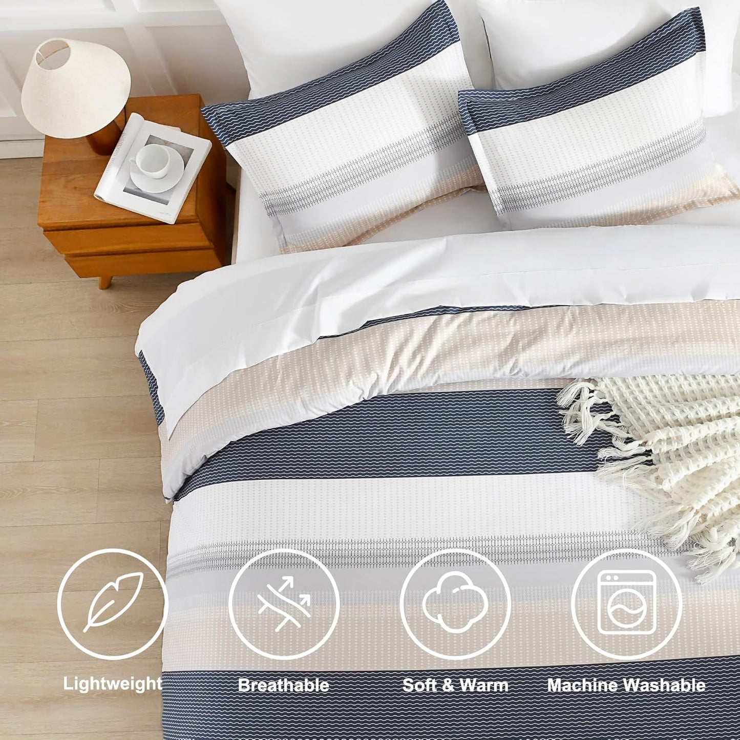Queen Comforter Set Yellow Blue - 7 Pieces Blue Striped Lightweight Bed in a Bag, Soft Reversible Bedding Set with Comforter, Fitted & Flat Sheet, Pillowcases & Shams