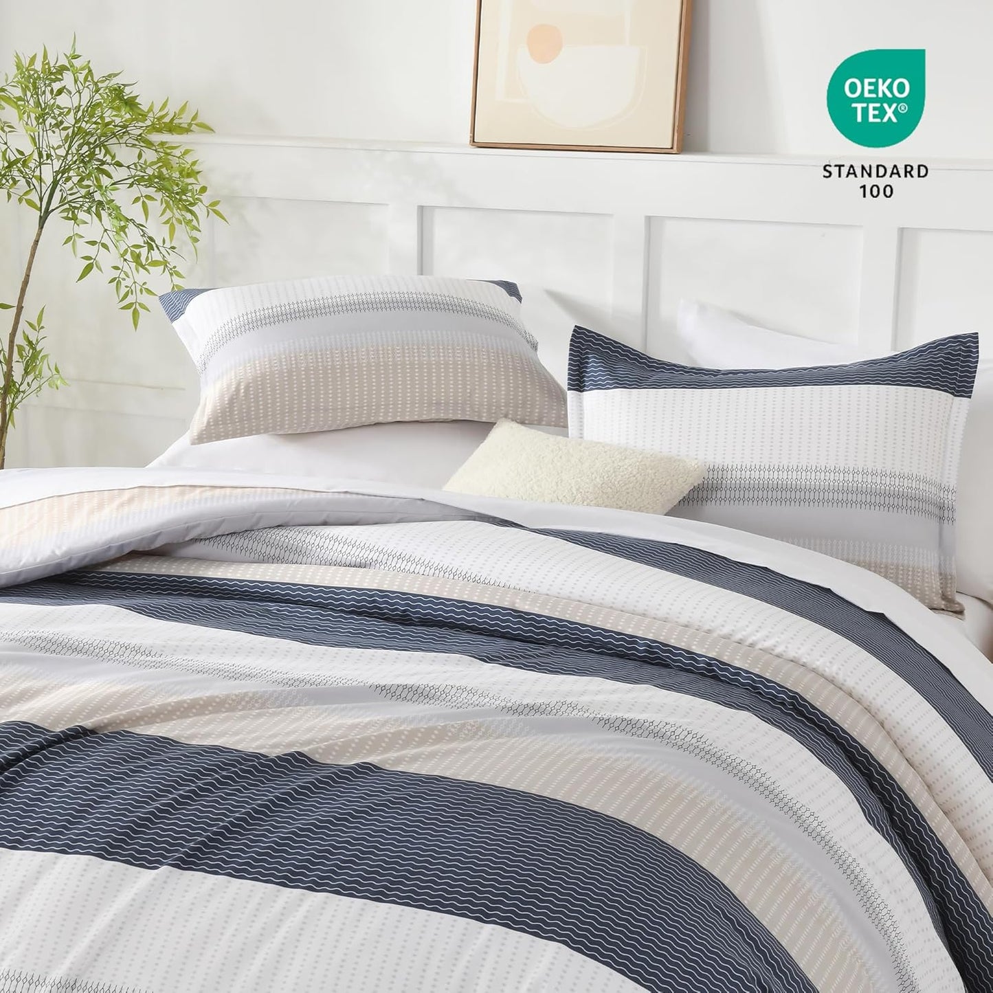 Queen Comforter Set Yellow Blue - 7 Pieces Blue Striped Lightweight Bed in a Bag, Soft Reversible Bedding Set with Comforter, Fitted & Flat Sheet, Pillowcases & Shams