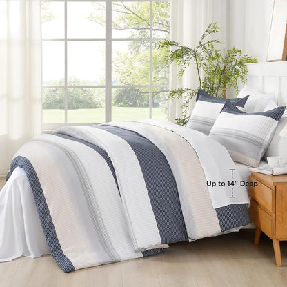 Queen Comforter Set Yellow Blue - 7 Pieces Blue Striped Lightweight Bed in a Bag, Soft Reversible Bedding Set with Comforter, Fitted & Flat Sheet, Pillowcases & Shams