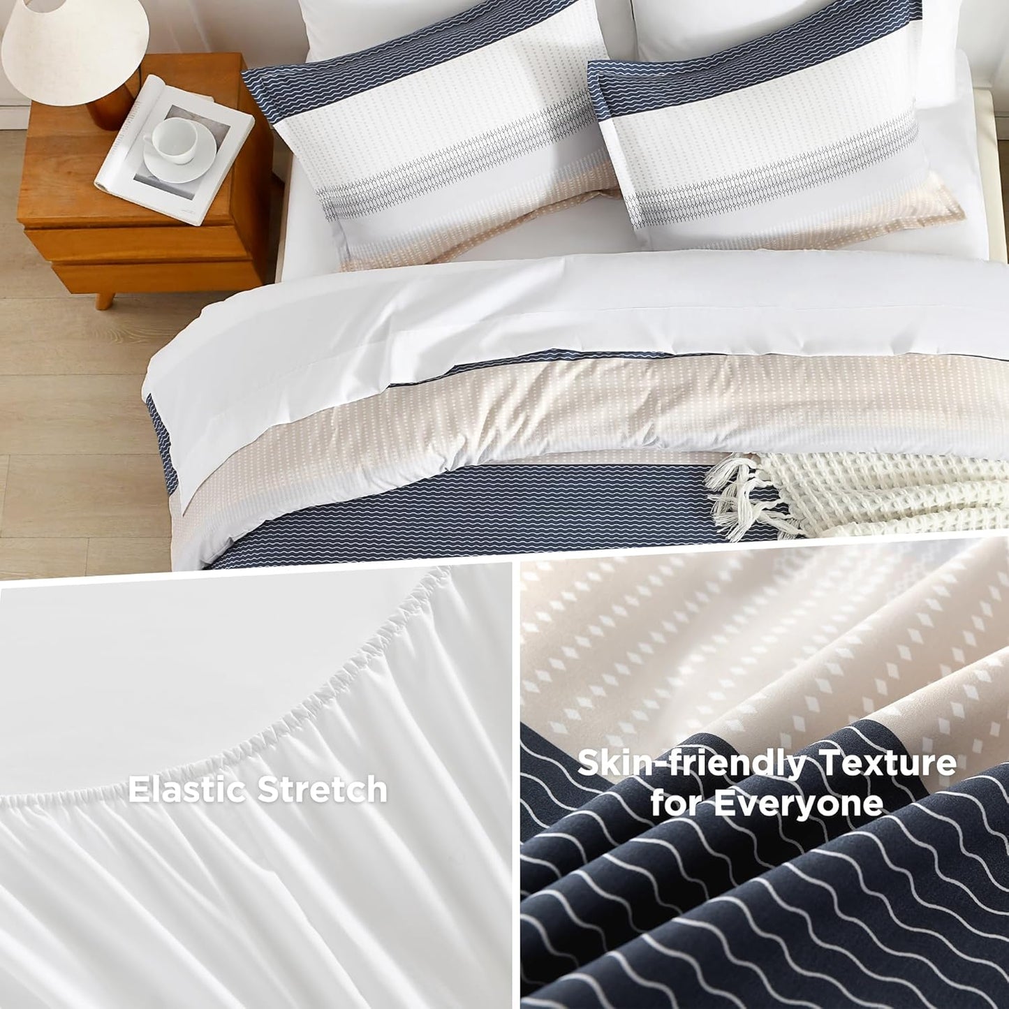 Queen Comforter Set Yellow Blue - 7 Pieces Blue Striped Lightweight Bed in a Bag, Soft Reversible Bedding Set with Comforter, Fitted & Flat Sheet, Pillowcases & Shams