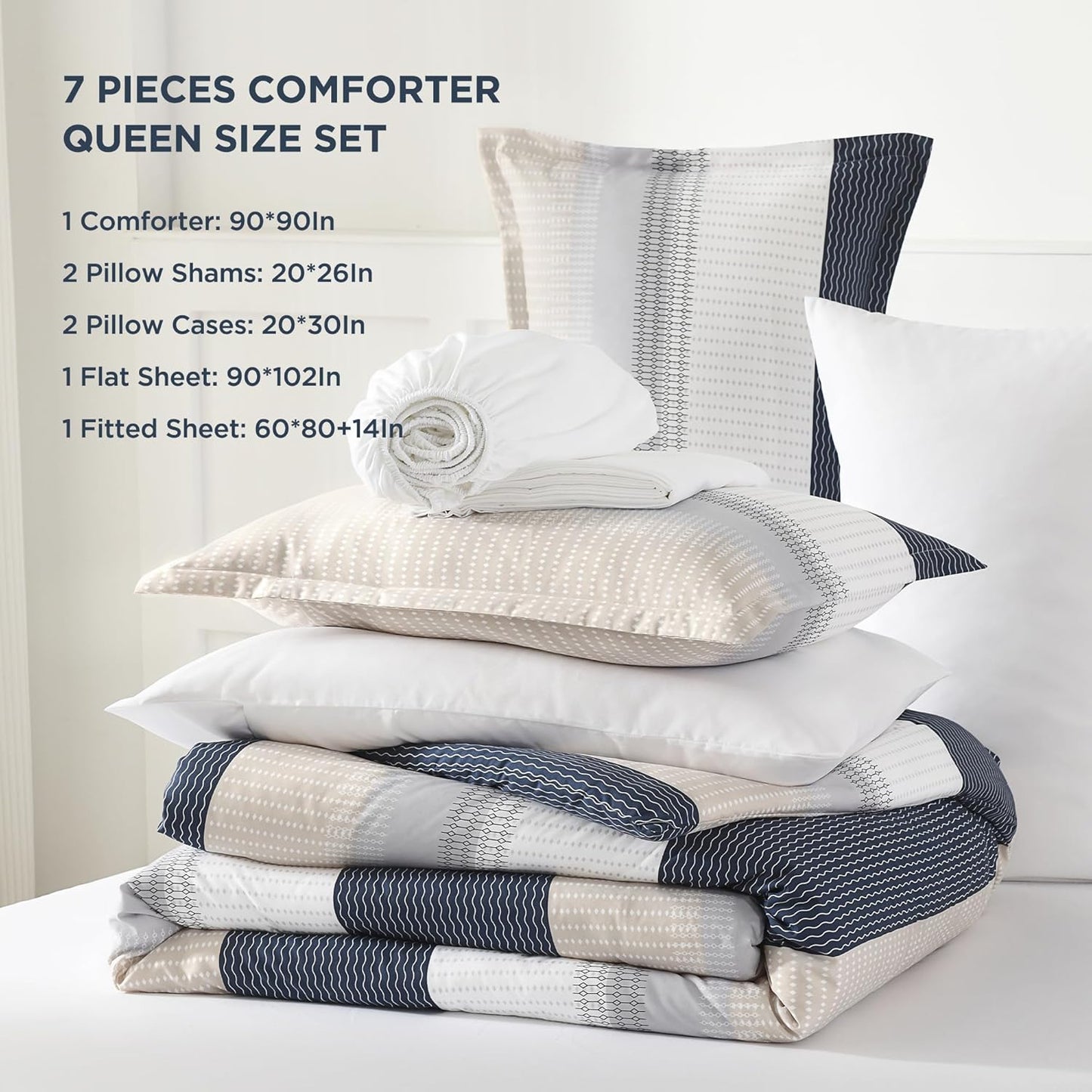Queen Comforter Set Yellow Blue - 7 Pieces Blue Striped Lightweight Bed in a Bag, Soft Reversible Bedding Set with Comforter, Fitted & Flat Sheet, Pillowcases & Shams