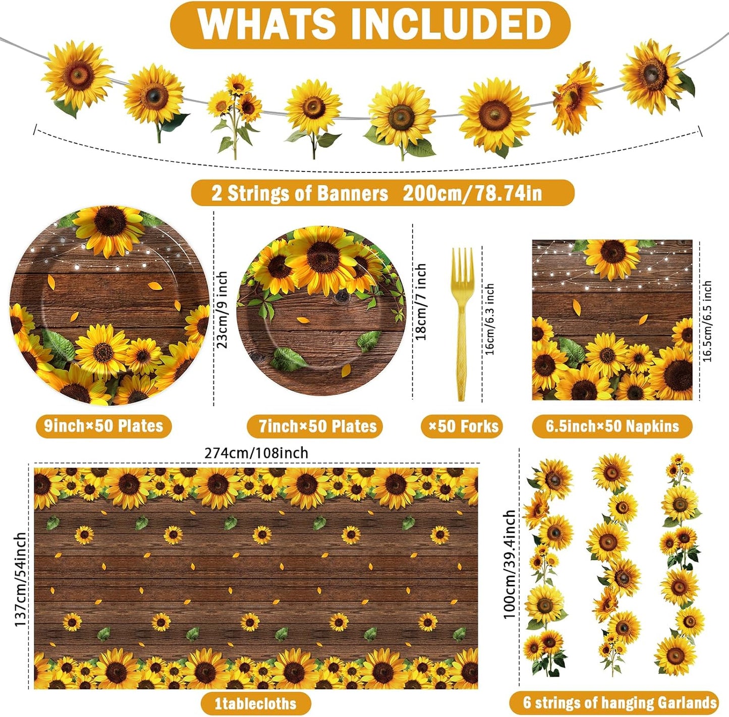 209Pcs Sunflower Bridal Birthday Party Supplies Includes Sunflower Party Plates Napkins Fork Sunflower Tablecloth Banner Hanging Garland Kit for Summer Bridal Shower Party Decorations Set