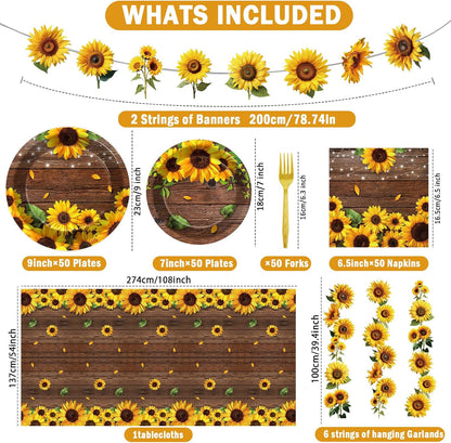 209Pcs Sunflower Bridal Birthday Party Supplies Includes Sunflower Party Plates Napkins Fork Sunflower Tablecloth Banner Hanging Garland Kit for Summer Bridal Shower Party Decorations Set