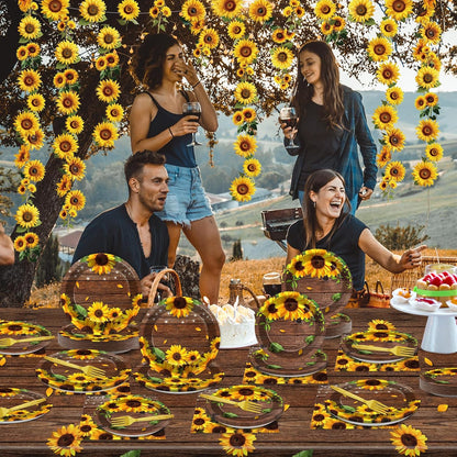 209Pcs Sunflower Bridal Birthday Party Supplies Includes Sunflower Party Plates Napkins Fork Sunflower Tablecloth Banner Hanging Garland Kit for Summer Bridal Shower Party Decorations Set