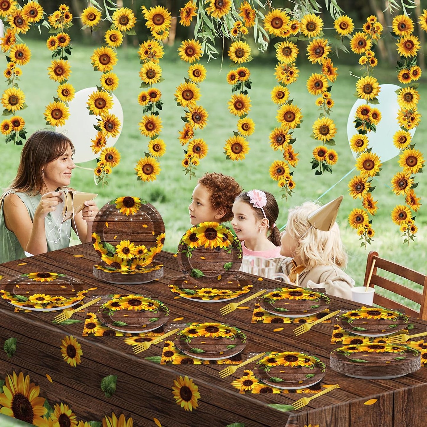 209Pcs Sunflower Bridal Birthday Party Supplies Includes Sunflower Party Plates Napkins Fork Sunflower Tablecloth Banner Hanging Garland Kit for Summer Bridal Shower Party Decorations Set
