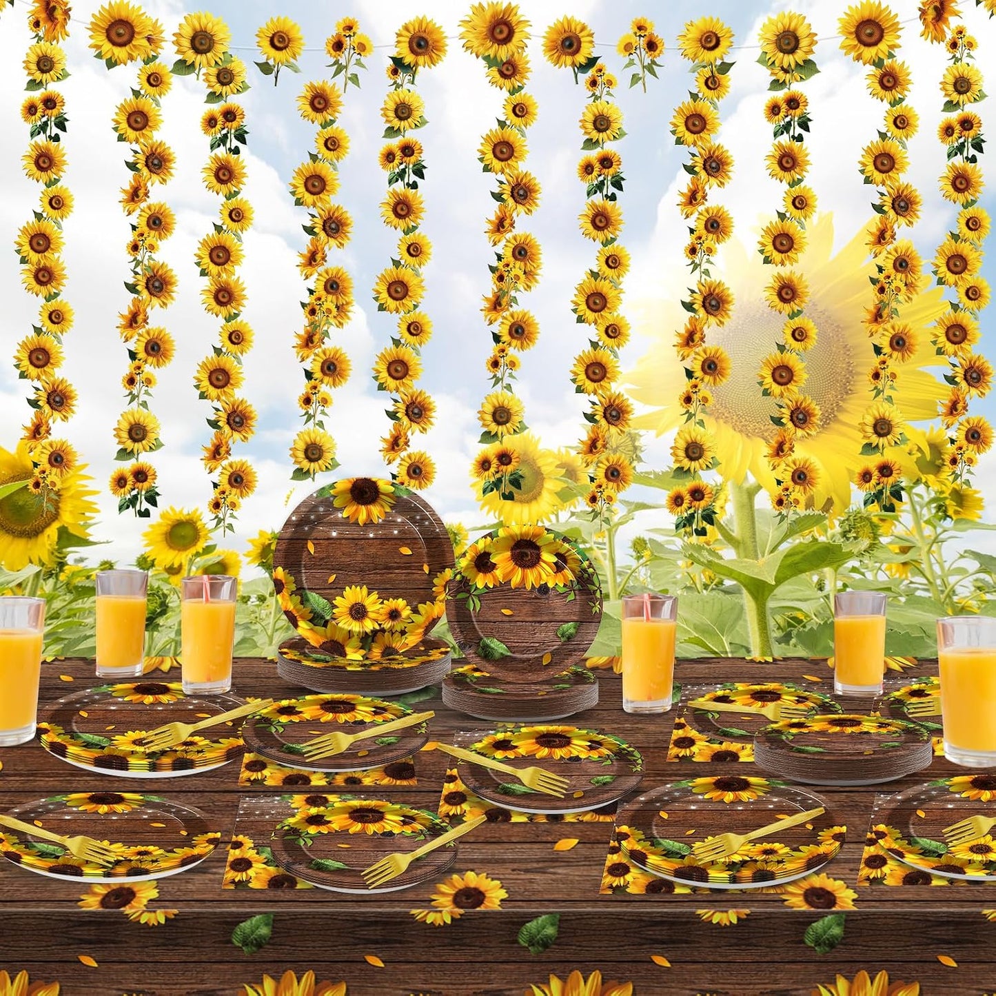 209Pcs Sunflower Bridal Birthday Party Supplies Includes Sunflower Party Plates Napkins Fork Sunflower Tablecloth Banner Hanging Garland Kit for Summer Bridal Shower Party Decorations Set