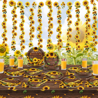 209Pcs Sunflower Bridal Birthday Party Supplies Includes Sunflower Party Plates Napkins Fork Sunflower Tablecloth Banner Hanging Garland Kit for Summer Bridal Shower Party Decorations Set