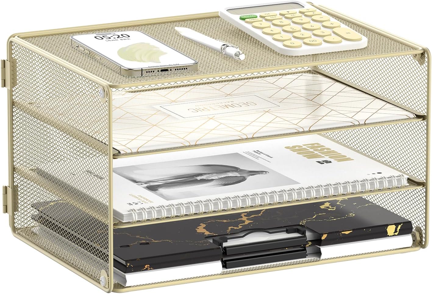 3 Tier Letter Tray Paper Organizer with Sliding Mesh Trays Yellow | Metal mesh file organizer with sliding trays for Letter and A4 paper, mail, bills, folders and office documents