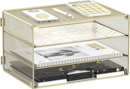 3 Tier Letter Tray Paper Organizer with Sliding Mesh Trays Yellow | Metal mesh file organizer with sliding trays for Letter and A4 paper, mail, bills, folders and office documents