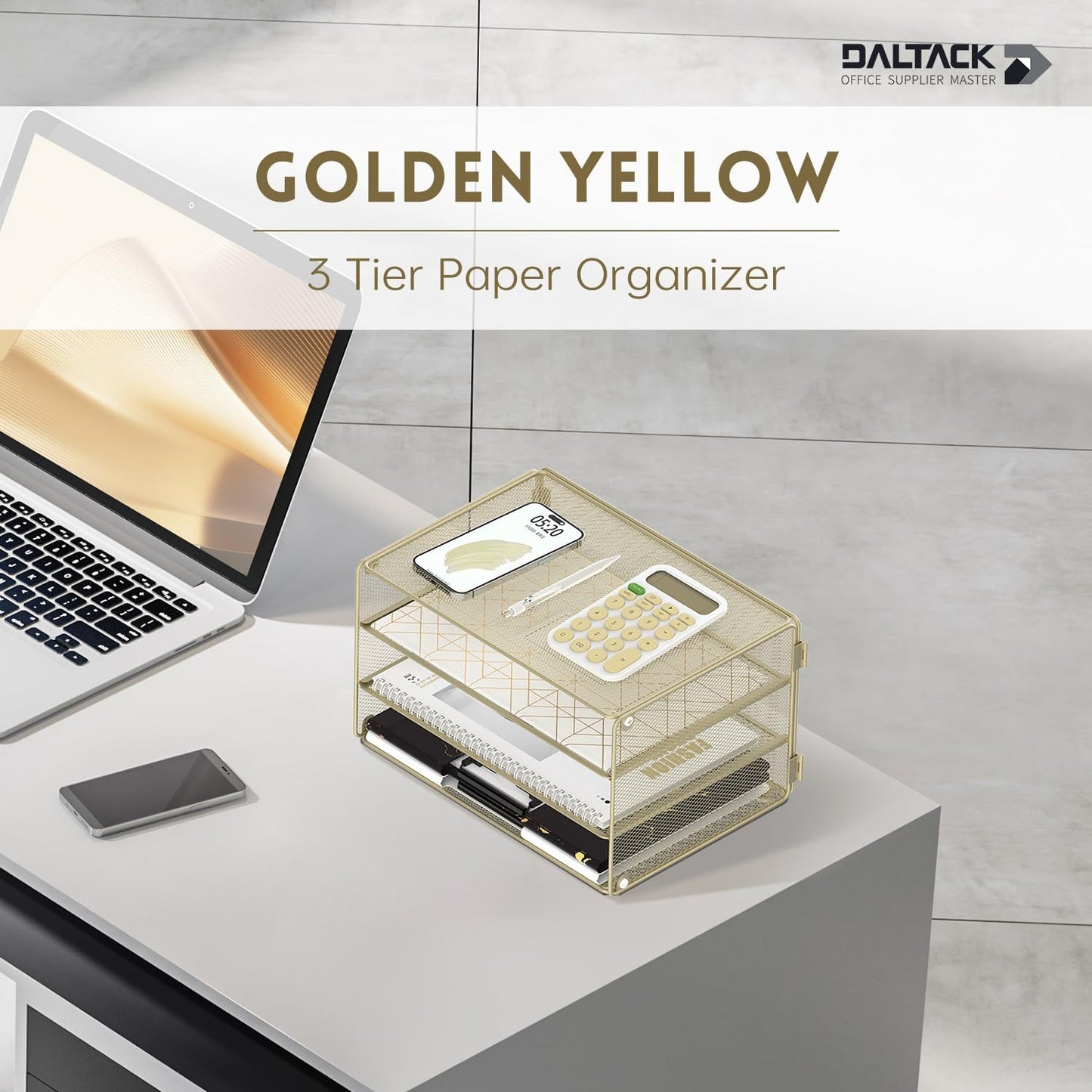 3 Tier Letter Tray Paper Organizer with Sliding Mesh Trays Yellow | Metal mesh file organizer with sliding trays for Letter and A4 paper, mail, bills, folders and office documents
