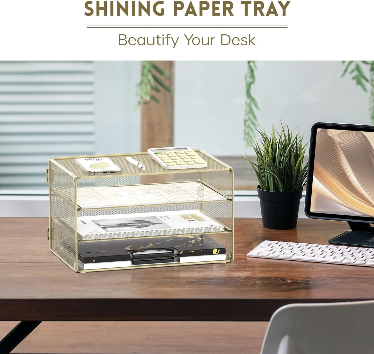 3 Tier Letter Tray Paper Organizer with Sliding Mesh Trays Yellow | Metal mesh file organizer with sliding trays for Letter and A4 paper, mail, bills, folders and office documents