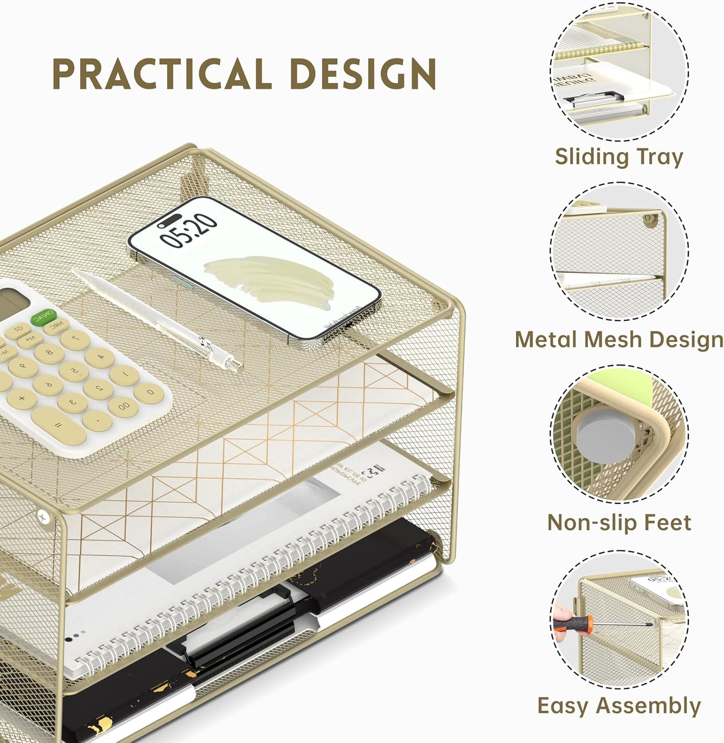 3 Tier Letter Tray Paper Organizer with Sliding Mesh Trays Yellow | Metal mesh file organizer with sliding trays for Letter and A4 paper, mail, bills, folders and office documents