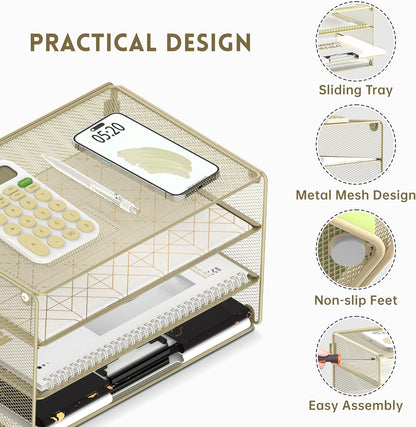 3 Tier Letter Tray Paper Organizer with Sliding Mesh Trays Yellow | Metal mesh file organizer with sliding trays for Letter and A4 paper, mail, bills, folders and office documents
