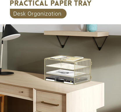 3 Tier Letter Tray Paper Organizer with Sliding Mesh Trays Yellow | Metal mesh file organizer with sliding trays for Letter and A4 paper, mail, bills, folders and office documents