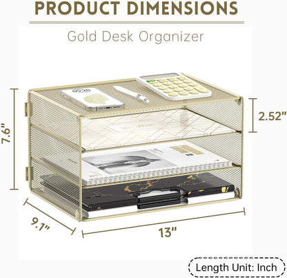 3 Tier Letter Tray Paper Organizer with Sliding Mesh Trays Yellow | Metal mesh file organizer with sliding trays for Letter and A4 paper, mail, bills, folders and office documents