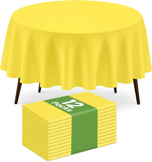 12 Pack Round Disposable Light Yellow Tablecloth, Light Yellow Plastic Table Cloths for Parties Disposable, 84x84 in Waterproof Camping Tablecloth for Birthday Party Baby Shower Picnic School