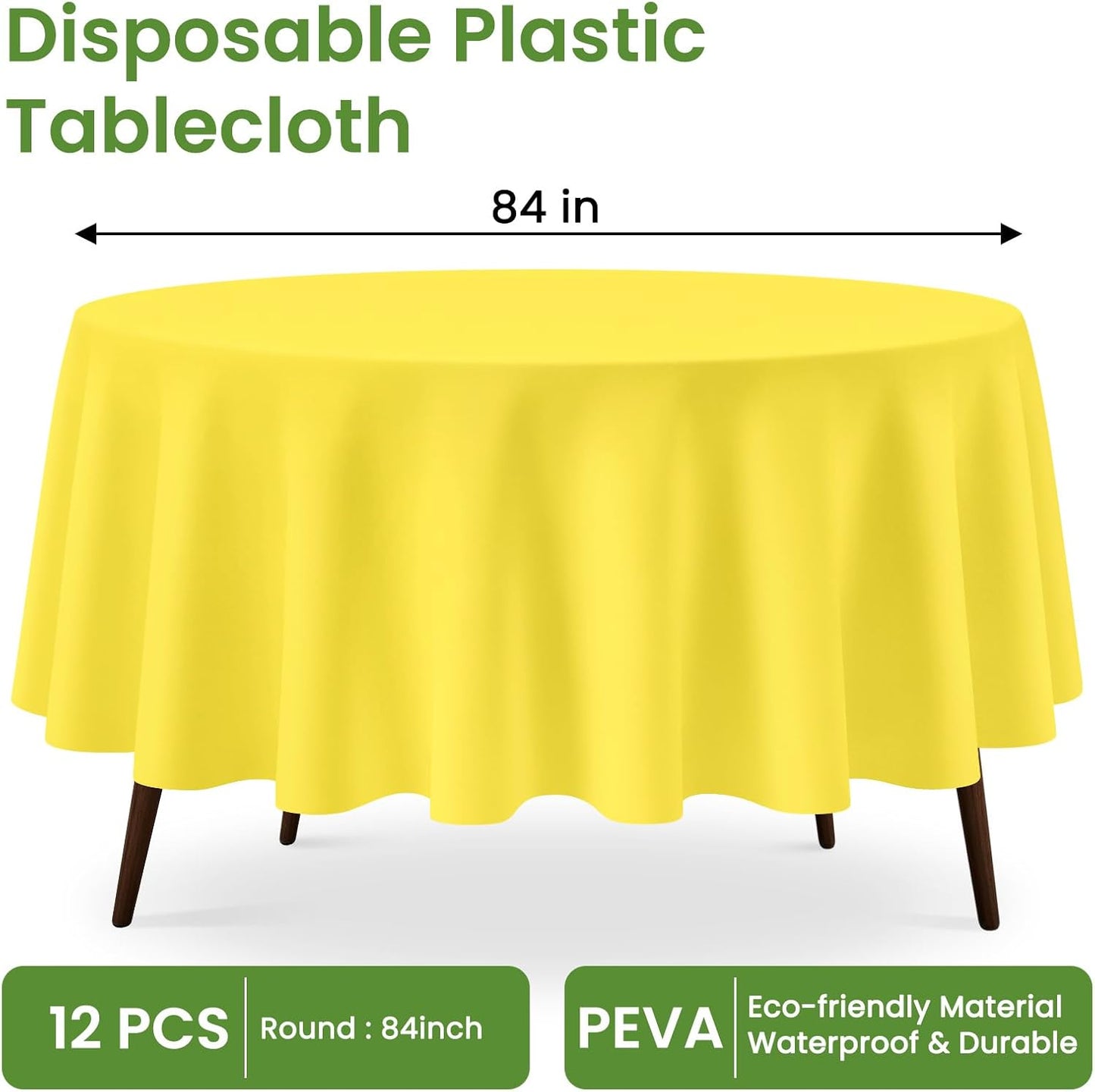 12 Pack Round Disposable Light Yellow Tablecloth, Light Yellow Plastic Table Cloths for Parties Disposable, 84x84 in Waterproof Camping Tablecloth for Birthday Party Baby Shower Picnic School