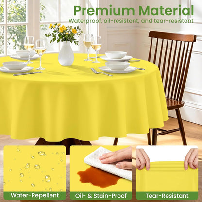 12 Pack Round Disposable Light Yellow Tablecloth, Light Yellow Plastic Table Cloths for Parties Disposable, 84x84 in Waterproof Camping Tablecloth for Birthday Party Baby Shower Picnic School