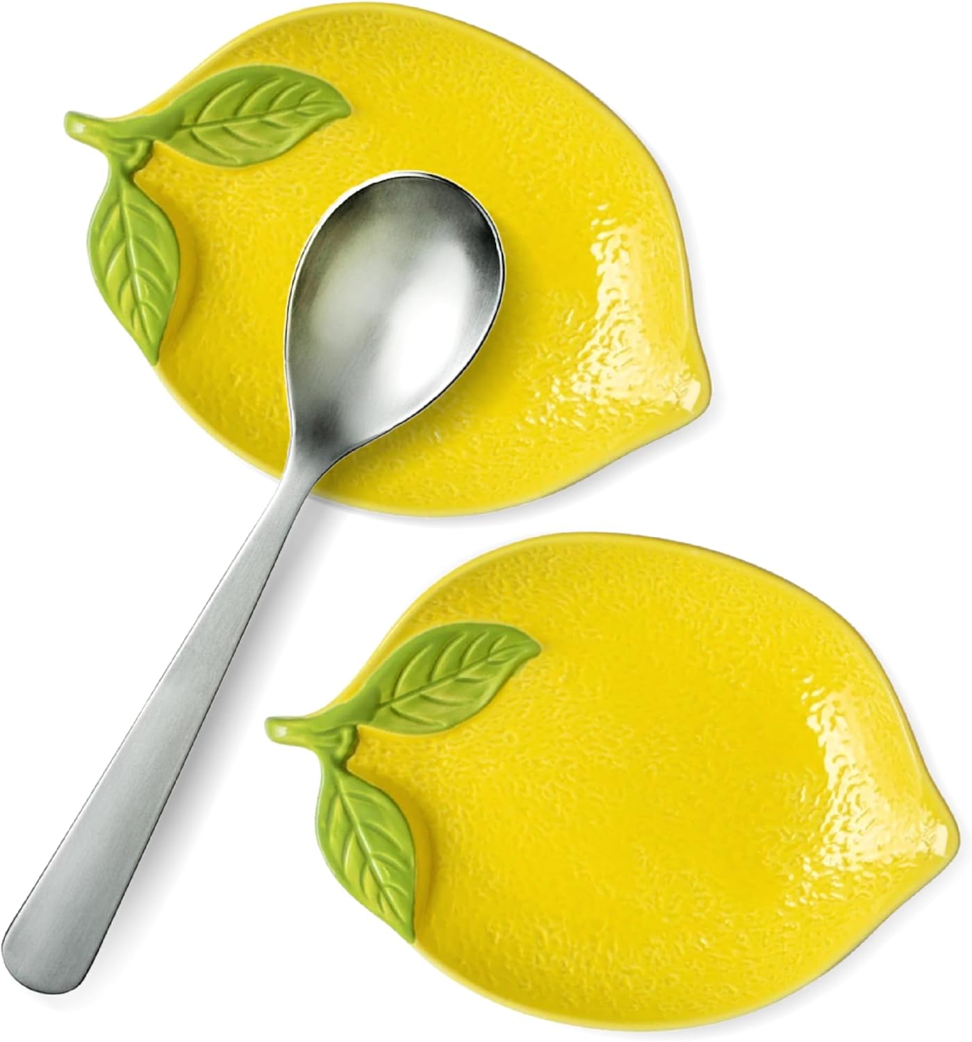 Ceramic Spoon Rest Set of 2, Lemon Shaped Kitchen Utensil Holder, Decorative Yellow Ceramic Countertop Protector, 6.1 x 4.1 inches (Yellow Lemon)