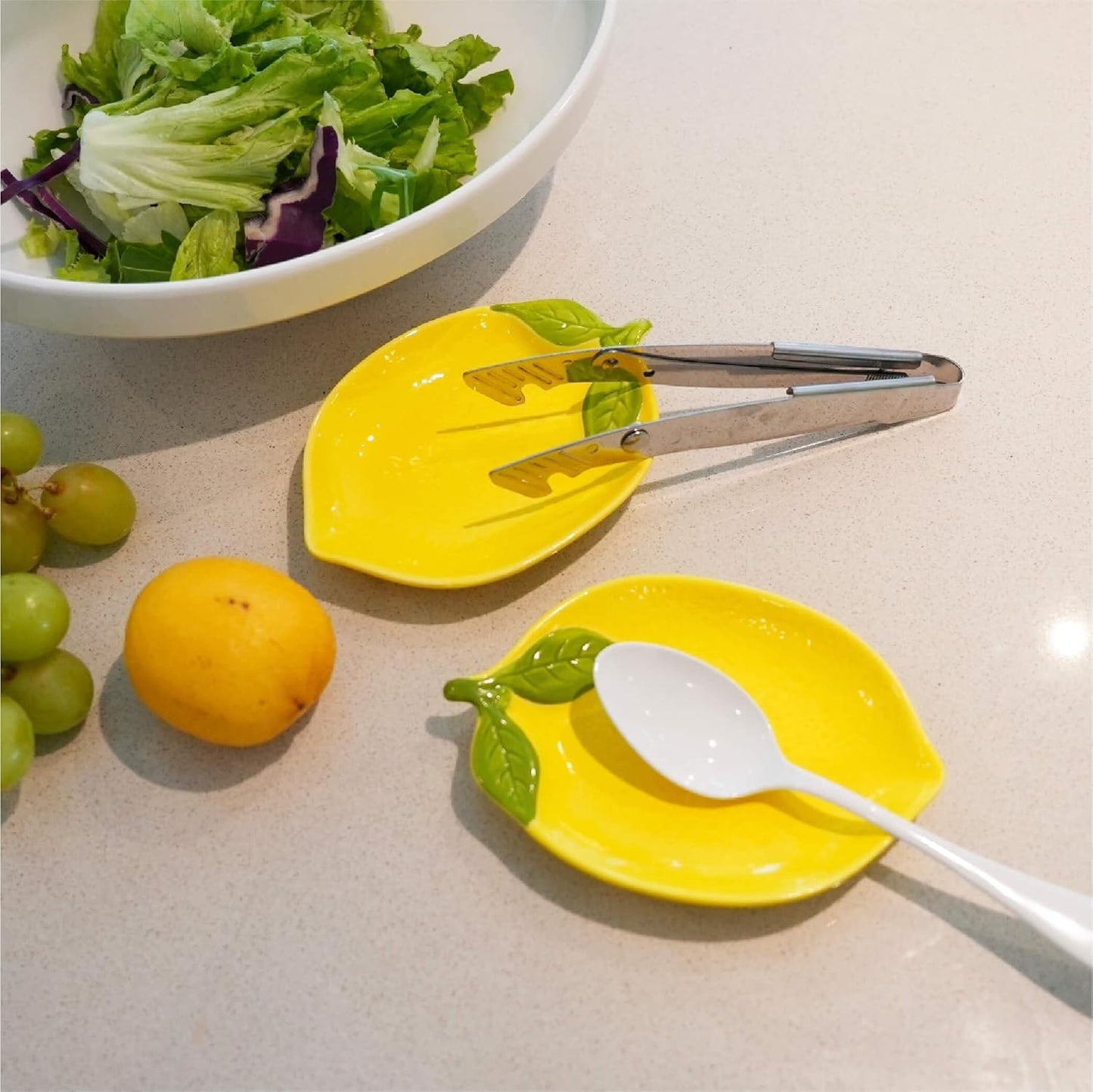 Ceramic Spoon Rest Set of 2, Lemon Shaped Kitchen Utensil Holder, Decorative Yellow Ceramic Countertop Protector, 6.1 x 4.1 inches (Yellow Lemon)