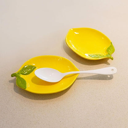Ceramic Spoon Rest Set of 2, Lemon Shaped Kitchen Utensil Holder, Decorative Yellow Ceramic Countertop Protector, 6.1 x 4.1 inches (Yellow Lemon)