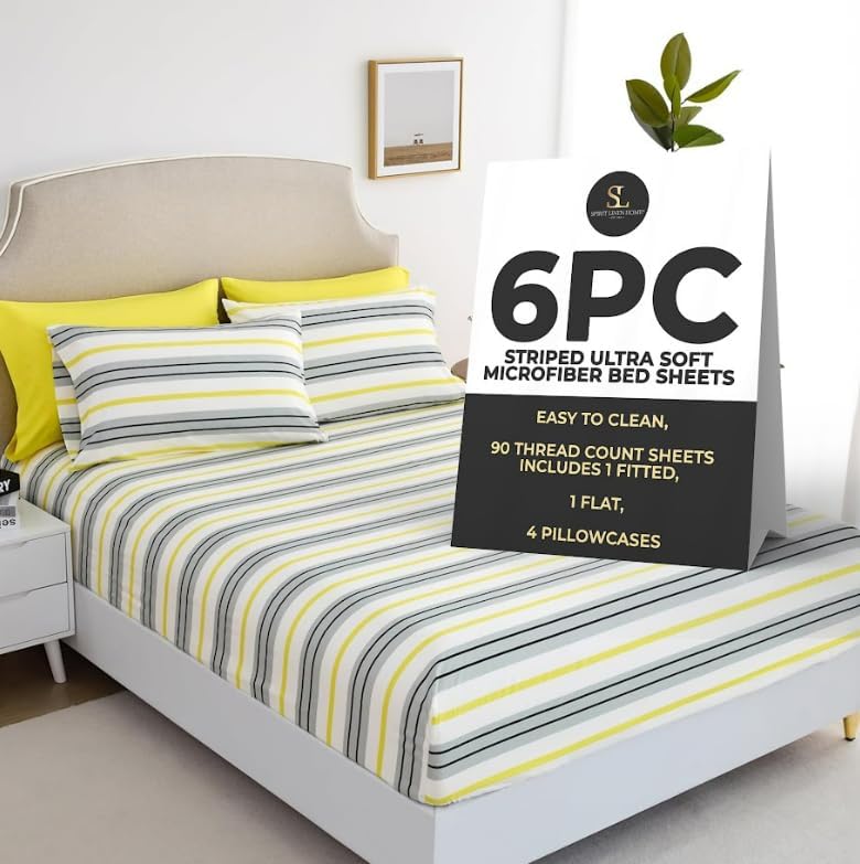 6-Piece King Size Bed Sheet Set - Deep Pocket, Striped Pattern, Soft and Breathable Bed Sheets, Microfiber Material, Includes 1 Fitted, 1 Flat, 4 Pillowcases - Grey/Yellow Stripe