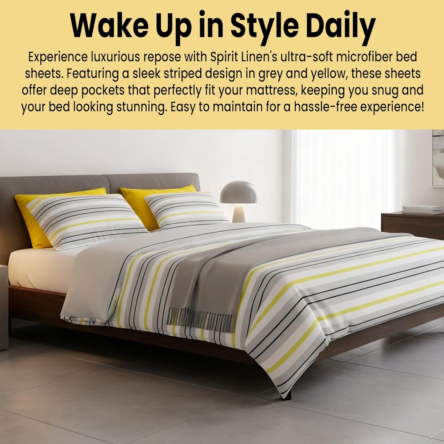 6-Piece King Size Bed Sheet Set - Deep Pocket, Striped Pattern, Soft and Breathable Bed Sheets, Microfiber Material, Includes 1 Fitted, 1 Flat, 4 Pillowcases - Grey/Yellow Stripe