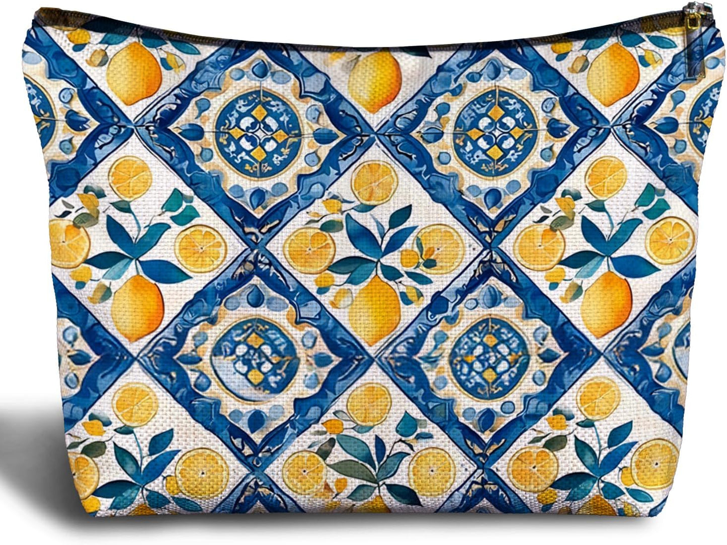 Italian Tile Lemon Makeup Bag, Blue and Yellow Mediterranean Cosmetic Bags, Italian Lemon Gifts for Women, Vintage Italy Lemons Makeup Zipper Pouch