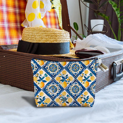 Italian Tile Lemon Makeup Bag, Blue and Yellow Mediterranean Cosmetic Bags, Italian Lemon Gifts for Women, Vintage Italy Lemons Makeup Zipper Pouch