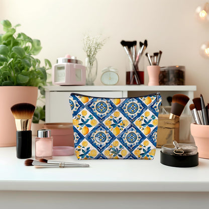 Italian Tile Lemon Makeup Bag, Blue and Yellow Mediterranean Cosmetic Bags, Italian Lemon Gifts for Women, Vintage Italy Lemons Makeup Zipper Pouch