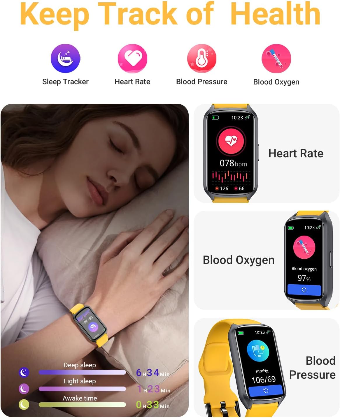 Amzhero Health Fitness Tracker with 24/7 Heart Rate, Blood Oxygen, Blood Pressure, Sleep Tracker, 5ATM Waterproof Activity Trackers with Step Tracker, Pedometer (S & L Bands Included)