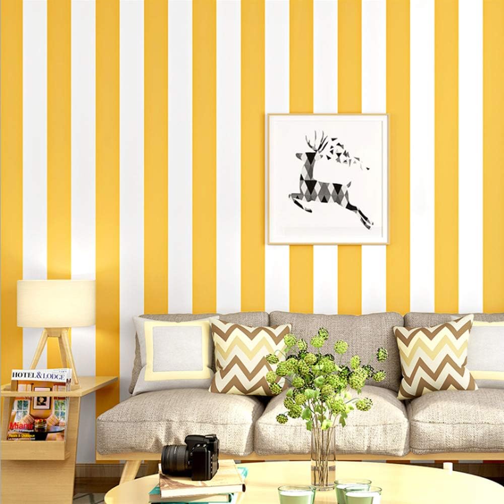 Nordic Style PVC Wallpaper Modern Minimalist Yellow and White Vertical Stripes Bedroom Living Room TV Background Wall Restaurant Hotel 20.87" Wx393.7 L Non-Pasted