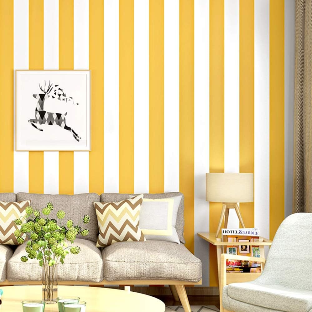 Nordic Style PVC Wallpaper Modern Minimalist Yellow and White Vertical Stripes Bedroom Living Room TV Background Wall Restaurant Hotel 20.87" Wx393.7 L Non-Pasted