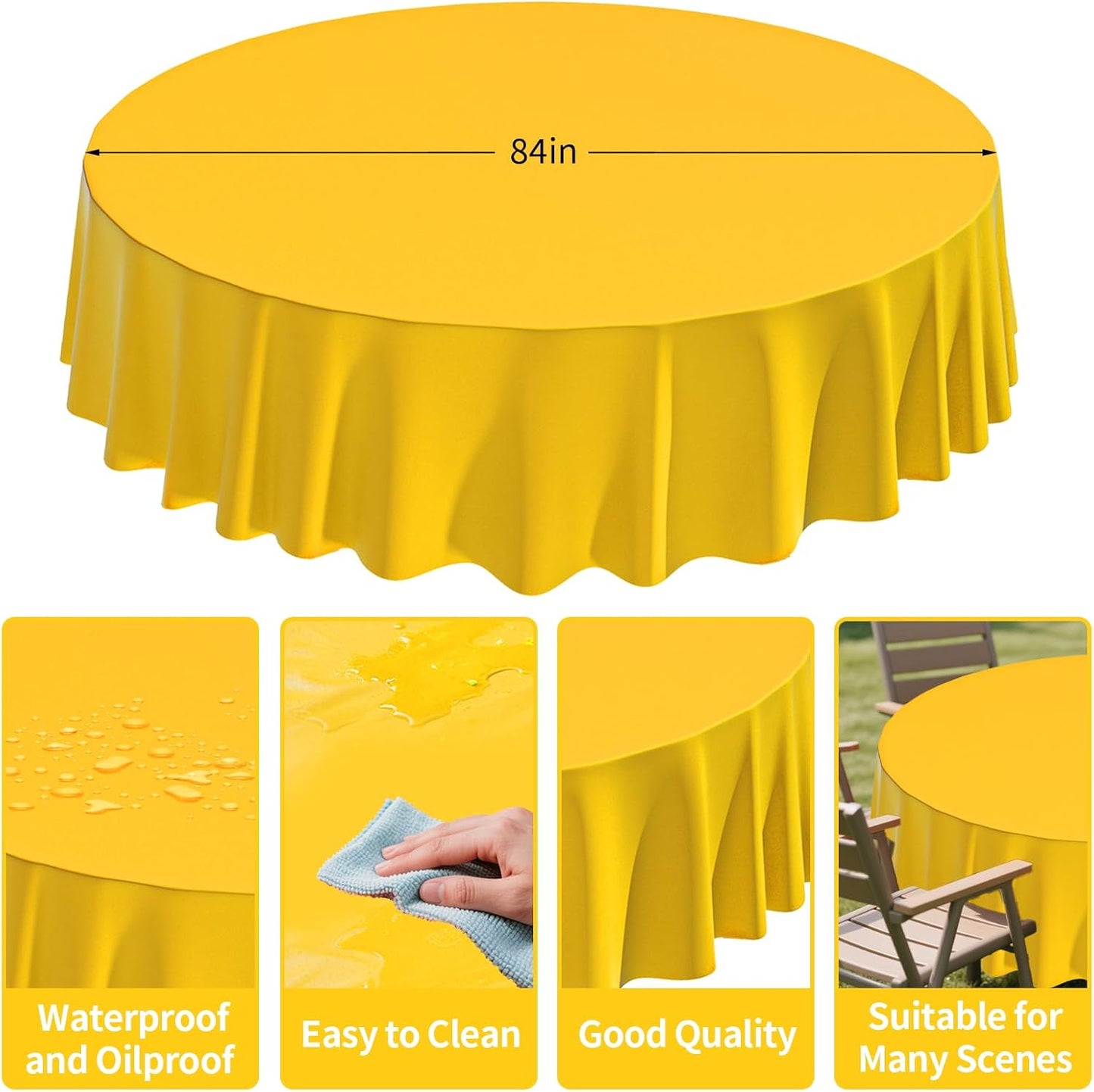 2 Pack Premium Disposable Plastic Tablecloth 84" Round Table Cover for Birthdays Weddings Christmas Anniversary (Yellow)