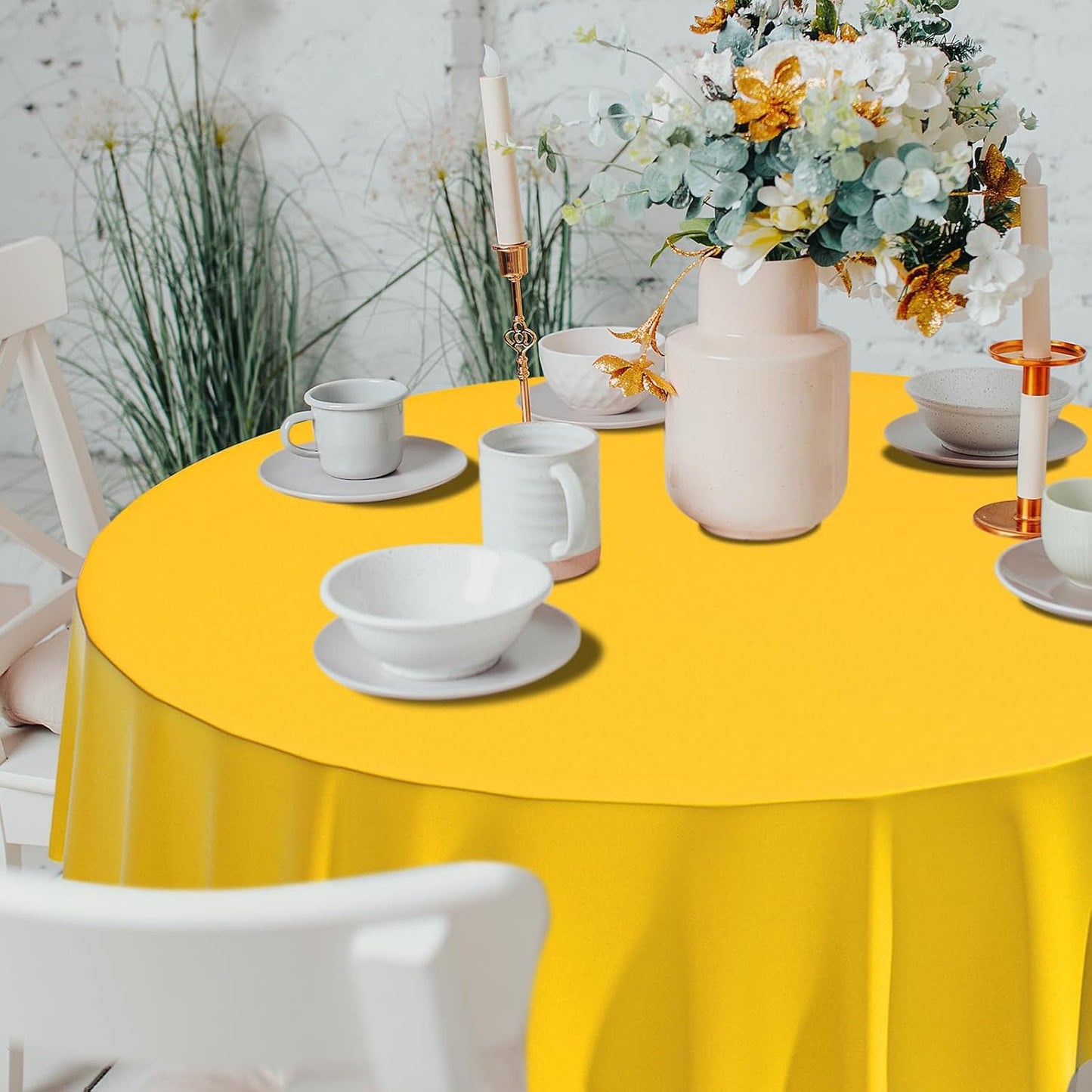 2 Pack Premium Disposable Plastic Tablecloth 84" Round Table Cover for Birthdays Weddings Christmas Anniversary (Yellow)