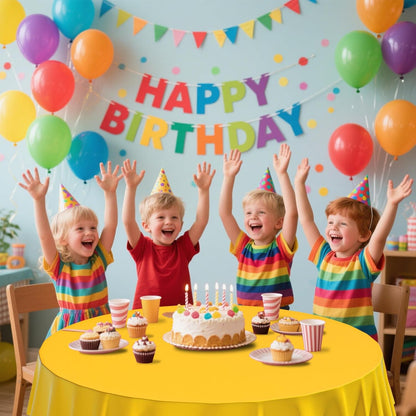 2 Pack Premium Disposable Plastic Tablecloth 84" Round Table Cover for Birthdays Weddings Christmas Anniversary (Yellow)