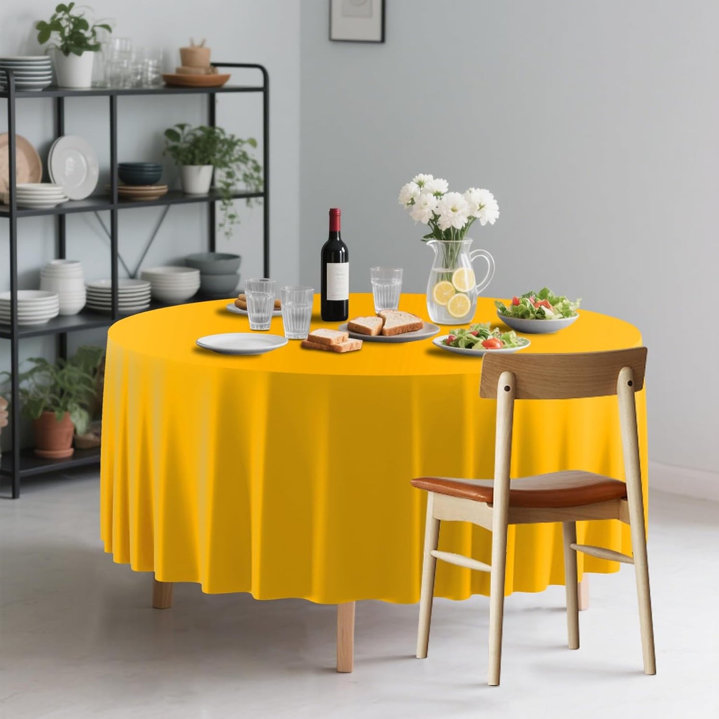 2 Pack Premium Disposable Plastic Tablecloth 84" Round Table Cover for Birthdays Weddings Christmas Anniversary (Yellow)