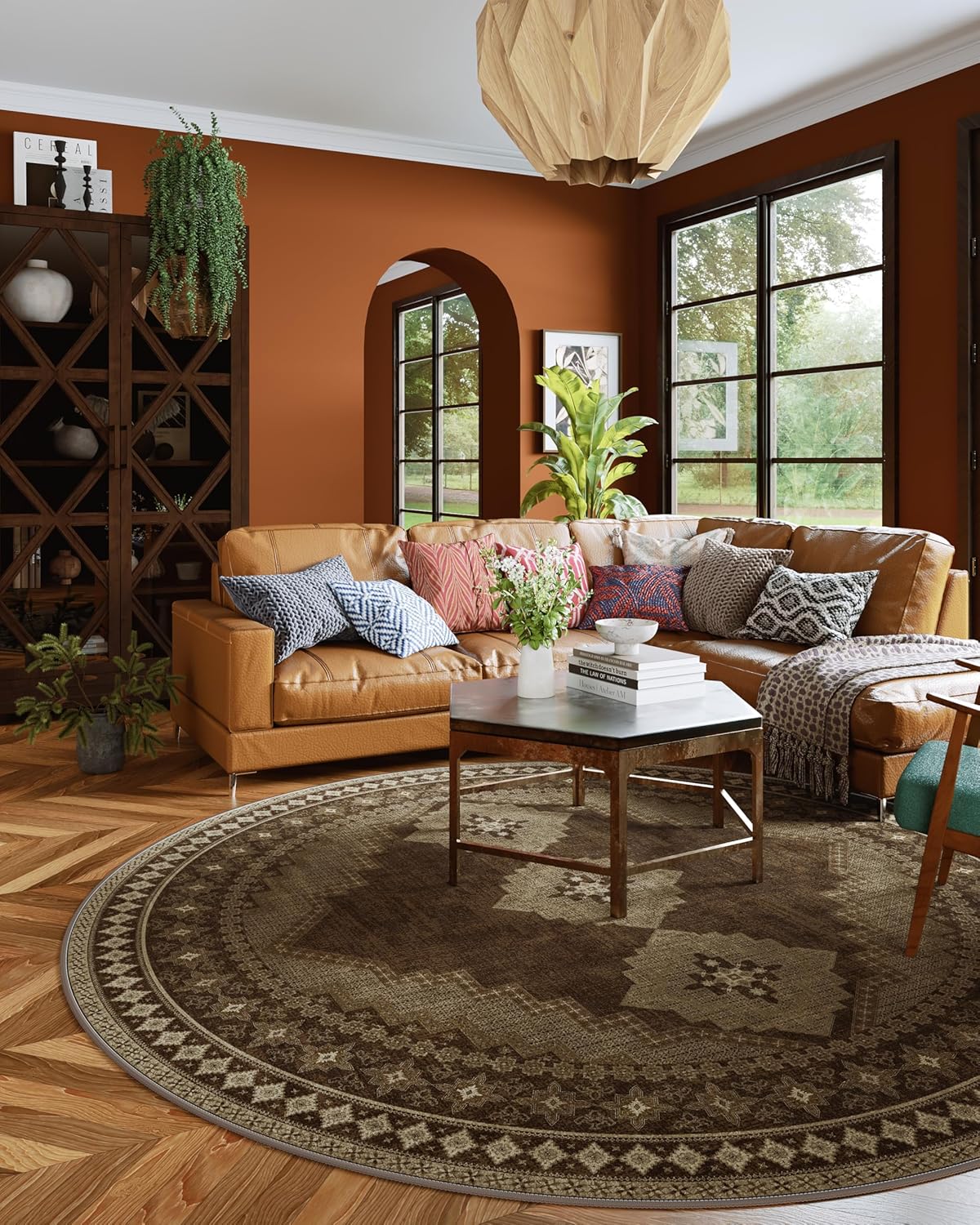 6x6 Round Area Rug - Vintage Ultra-Thin Living Room Rug Washable Abstract Carpets - Soft & Stain Resistant Rug for Kitchen Bedroom Dining Room Brown Yellow
