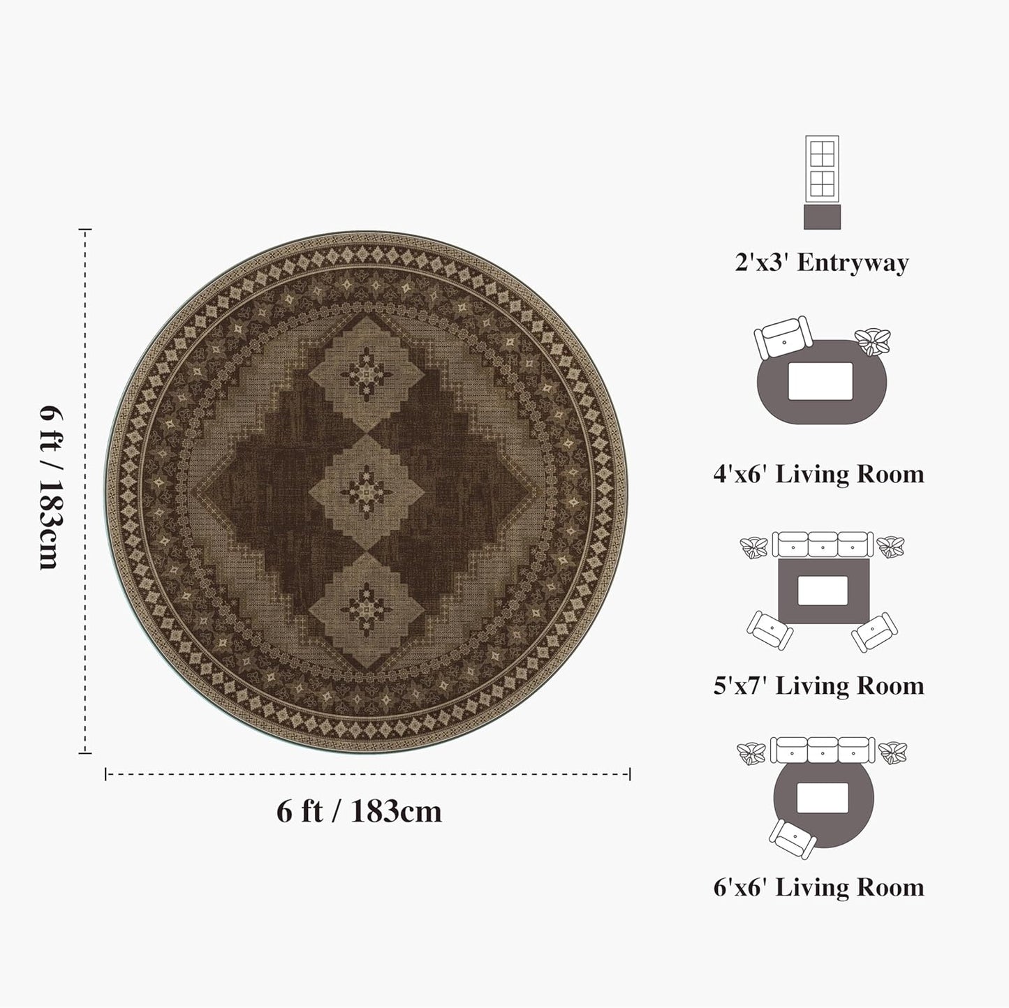 6x6 Round Area Rug - Vintage Ultra-Thin Living Room Rug Washable Abstract Carpets - Soft & Stain Resistant Rug for Kitchen Bedroom Dining Room Brown Yellow
