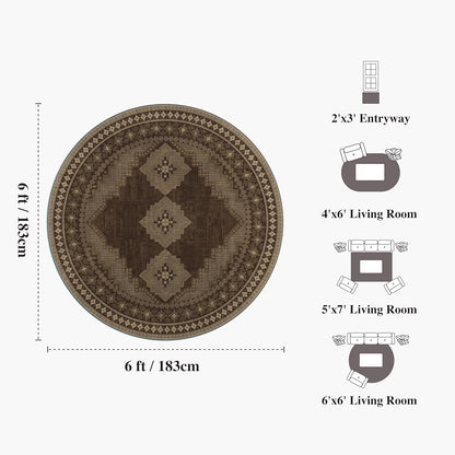 6x6 Round Area Rug - Vintage Ultra-Thin Living Room Rug Washable Abstract Carpets - Soft & Stain Resistant Rug for Kitchen Bedroom Dining Room Brown Yellow
