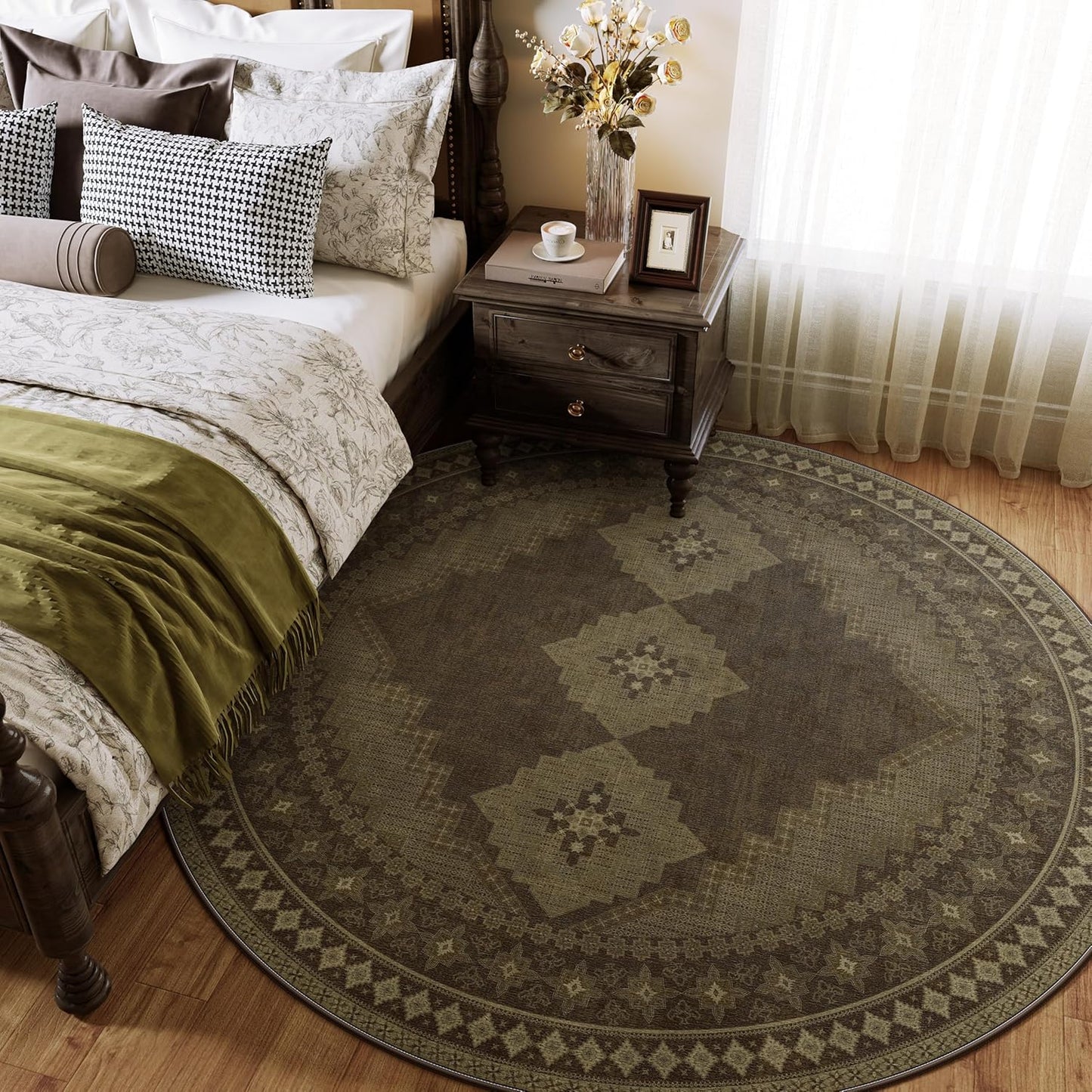 6x6 Round Area Rug - Vintage Ultra-Thin Living Room Rug Washable Abstract Carpets - Soft & Stain Resistant Rug for Kitchen Bedroom Dining Room Brown Yellow